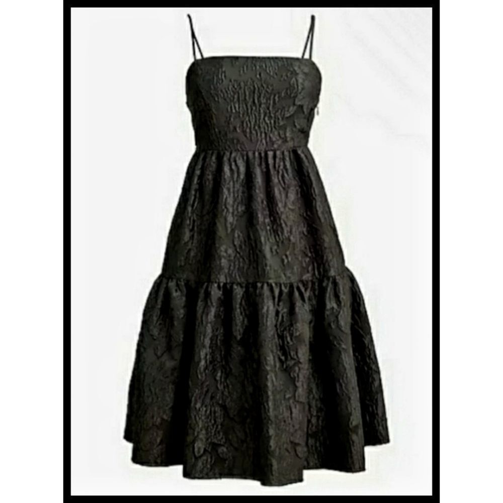 NWT J Crew Factory Jacquard Strappy Tiered Event Mini Dress Black 12 NEW